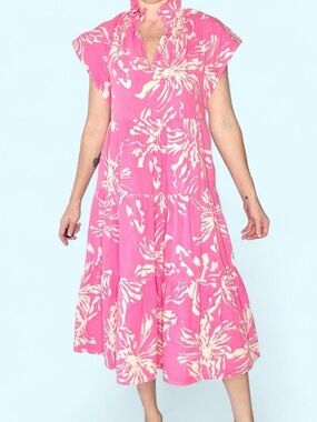 Pinch Pink White Floral Tiered Coquette Midi Dress